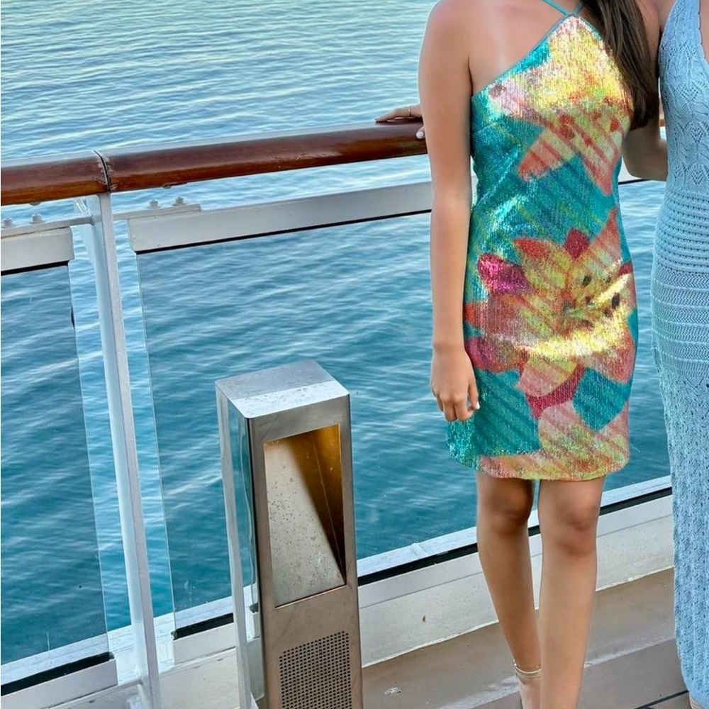 Junior’s T-Neck Lily Placement Sequin Bodycon Dress - Picture 2 of 6